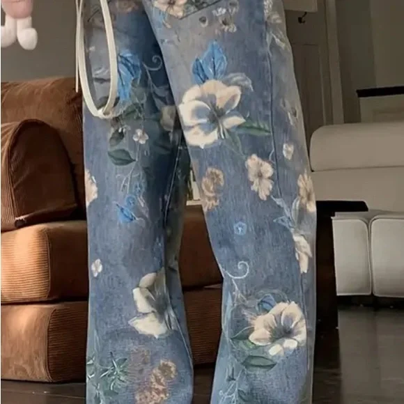 Floral Patterned Blue Jeans - Picture 3 of 3